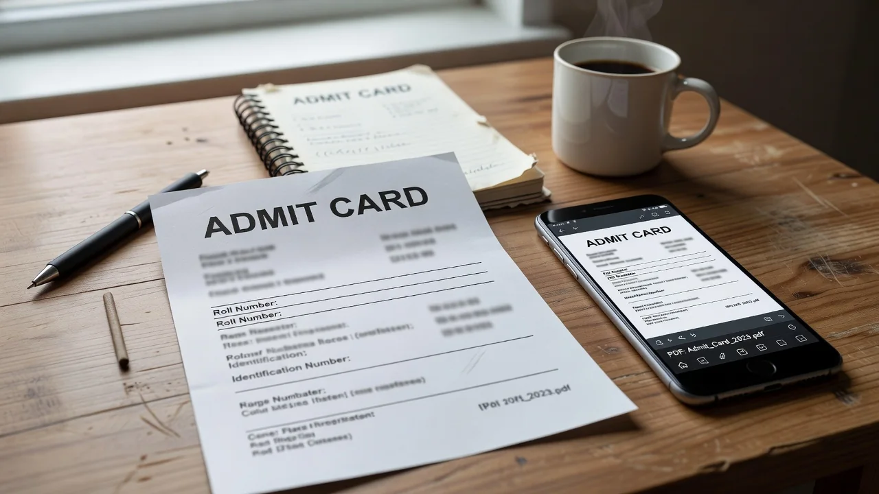 Printed admit card, NID and a phone with the offline PDF