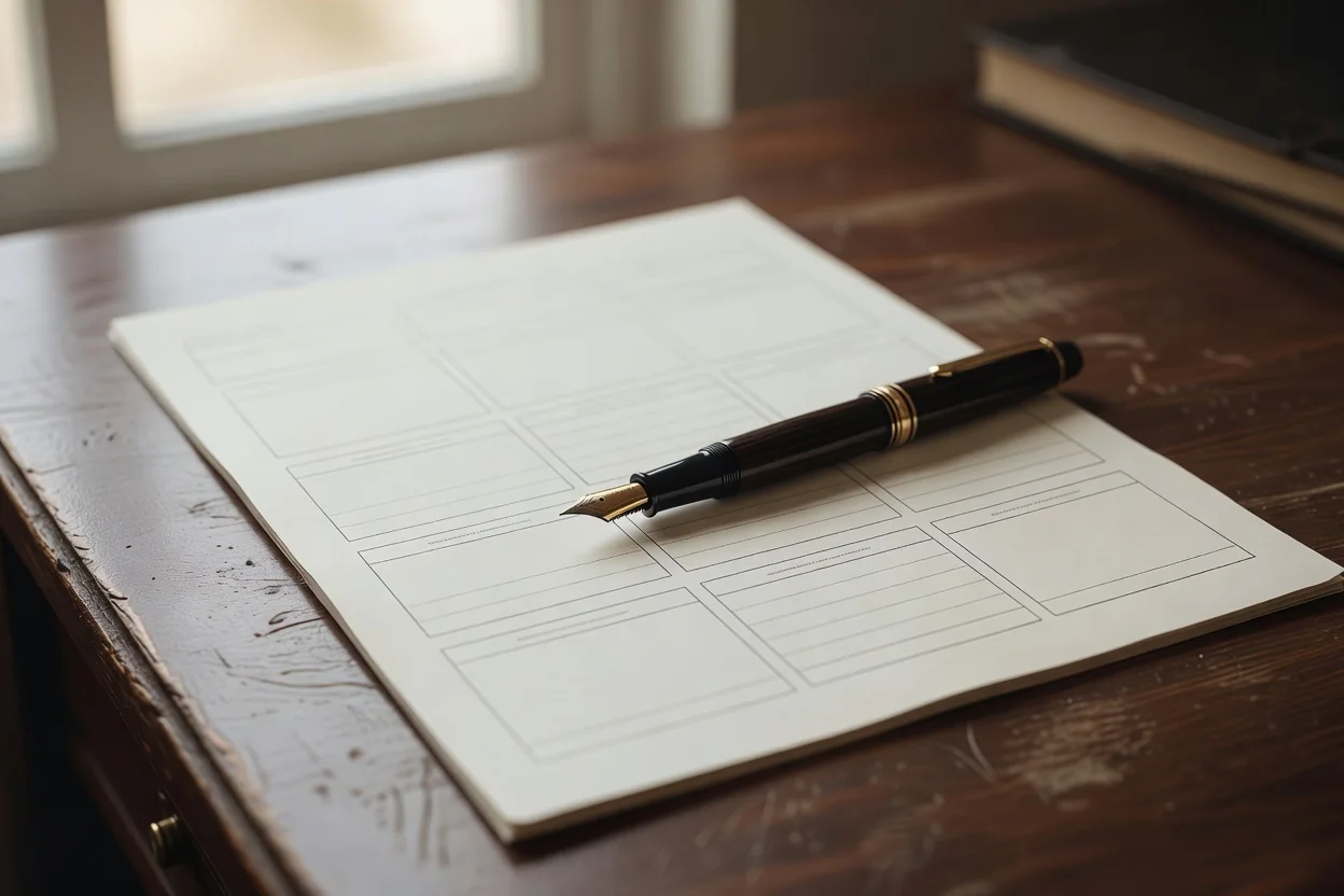A fountain pen lying on a blank printed form with empty boxes.