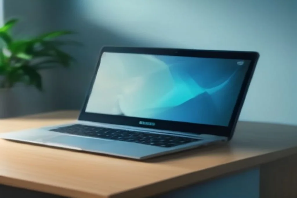 Modern slim laptop open on a desk next to a coffee cup, screen glowing with abstract blue interface