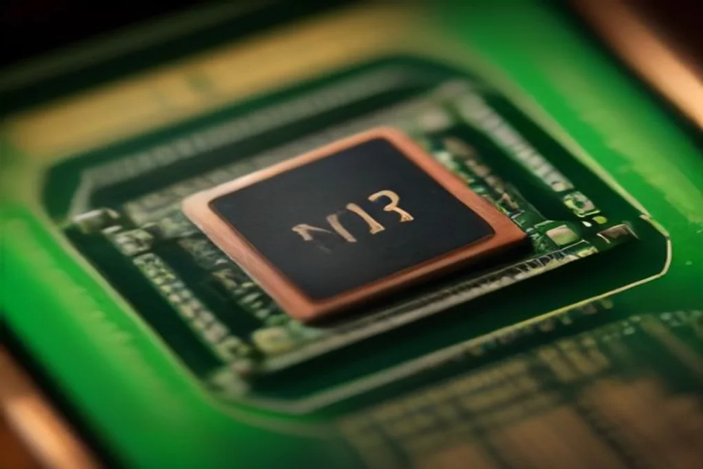 Close-up of a laptop processor chip on a circuit board with fine copper traces, macro shot