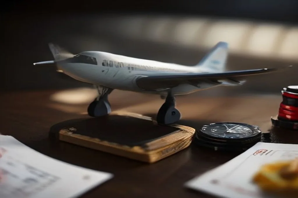 Stylized airplane model on a table beside casino chips and a stopwatch, dramatic side light