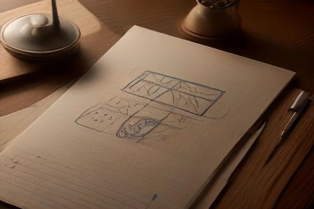 Notebook with hand-drawn ascending curve graph, pen and stack of coins on dark wooden desk