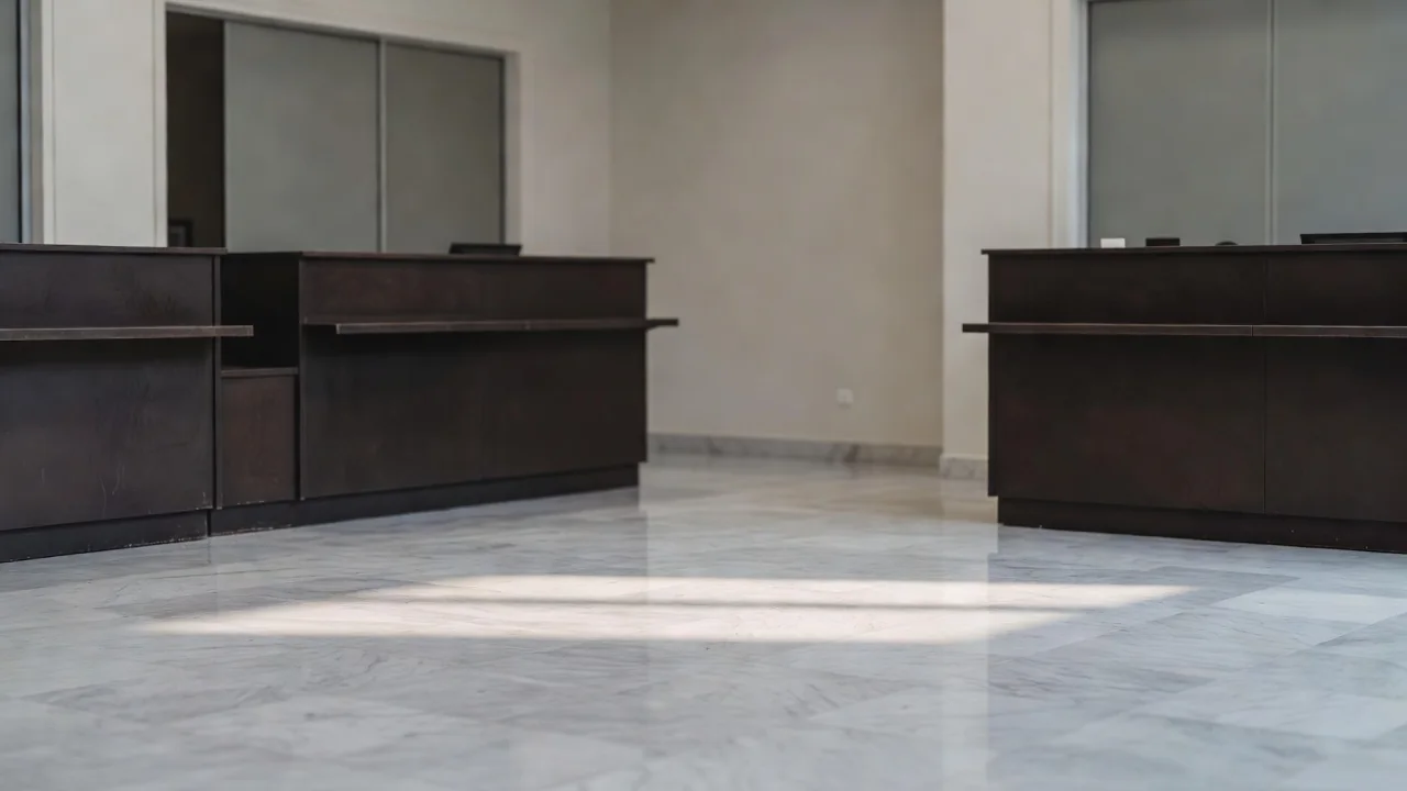 An empty bank counter hall with a marble floor and closed service desks.