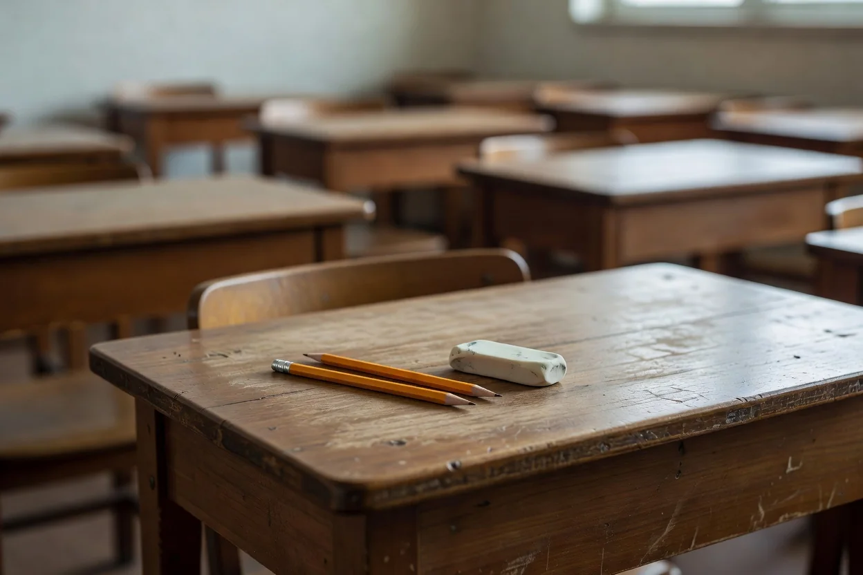 Two pencils and an eraser on an empty wooden exam desk.