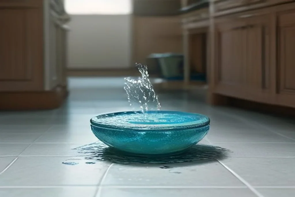 Pet water fountain with flowing stream on a kitchen floor tile, clean bright interior, no animals