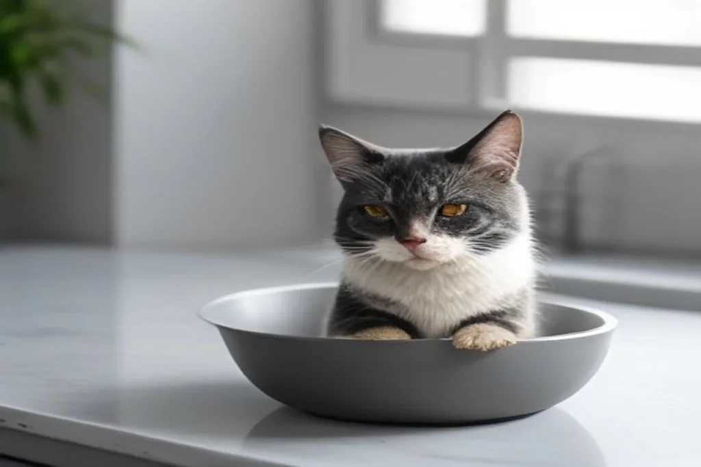 Replacement carbon water filter cartridge for a pet fountain lying beside a clean bowl on a counter