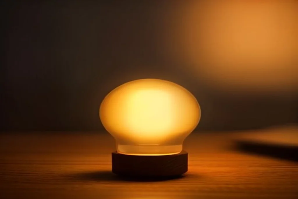Warm smart bulb glowing on a wooden table beside a small hub device, cozy evening interior