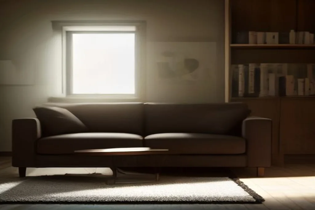 Modern living room at twilight with layered warm accent lighting, empty sofa and bookshelf