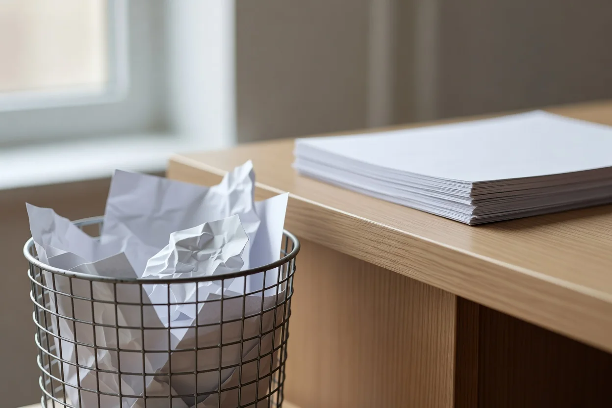 A wire mesh wastepaper basket with crumpled paper next to a tidy desk edge.