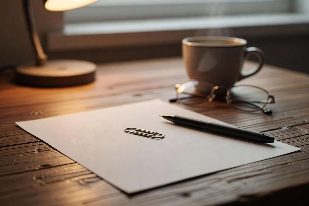 A metal paperclip and a black pen resting on a blank white sheet.
