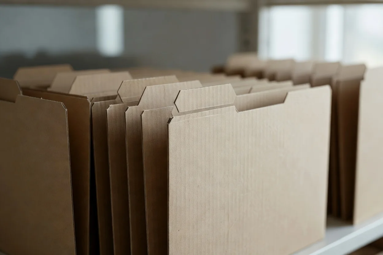 Cardboard document folders with blank tabs lined up on an office shelf.