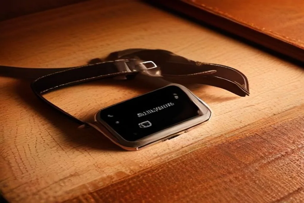 GPS pet tracker collar unit on a leather dog collar beside a smartphone showing a blank map screen, table shot