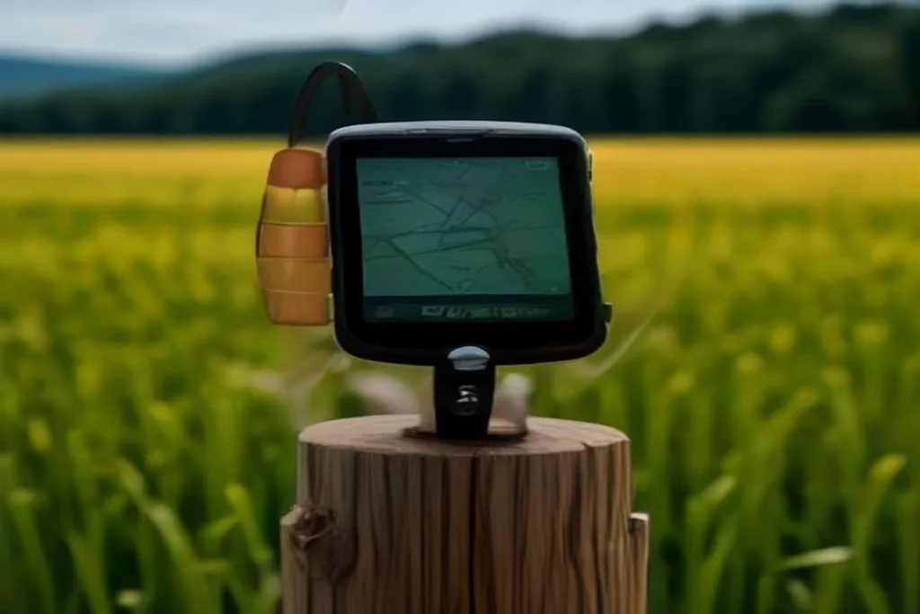Rugged handheld GPS receiver device with antenna standing on a wooden post in a field
