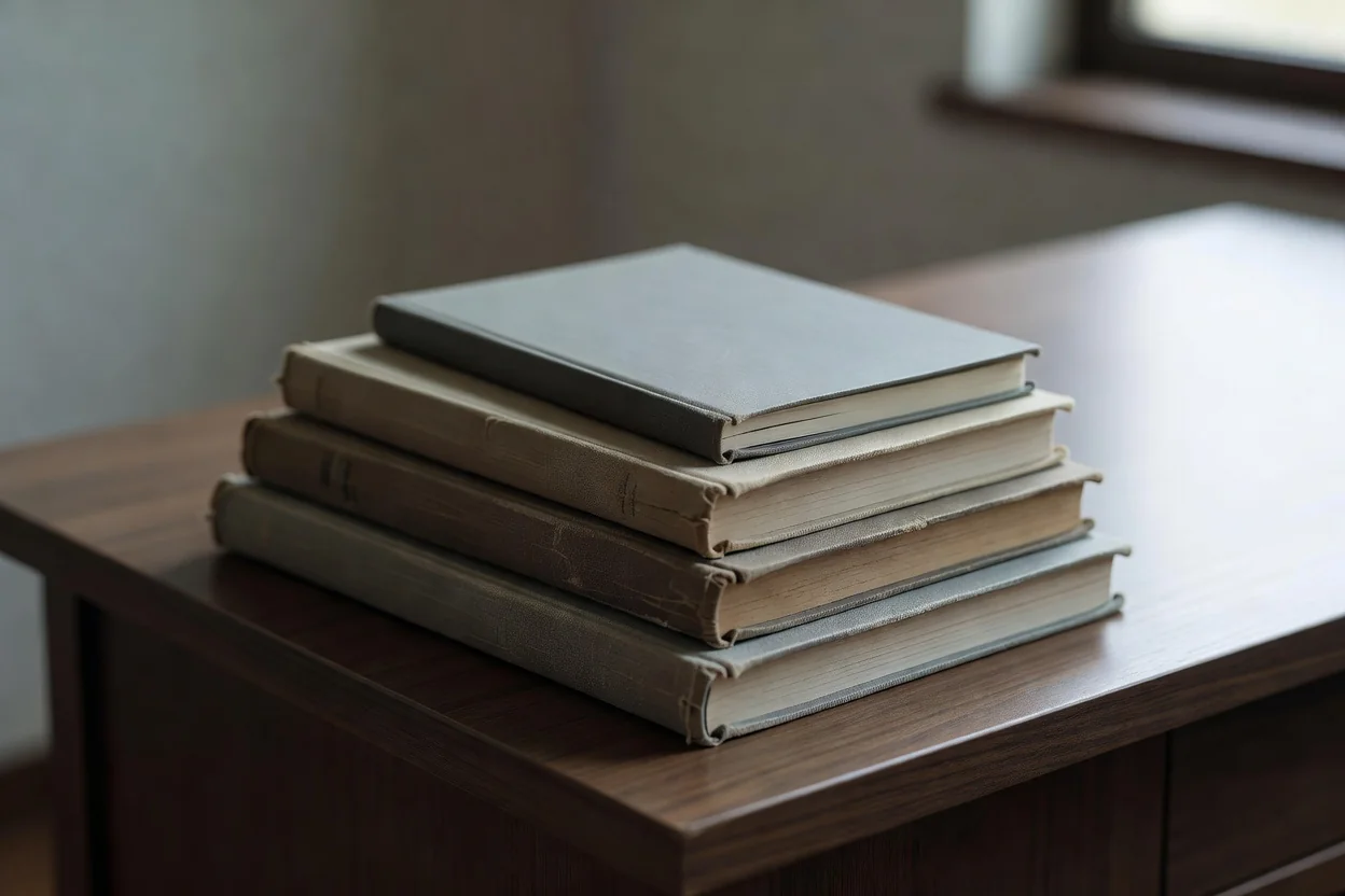 A stack of plain cloth-bound textbooks and a closed notebook on a desk corner.