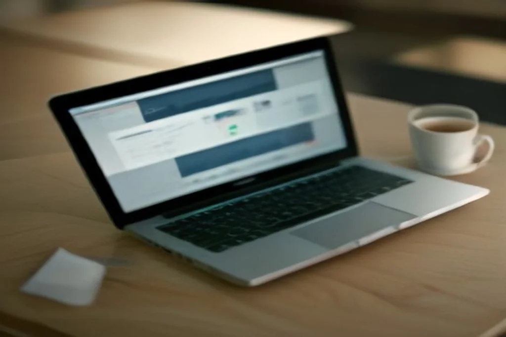 Laptop open on a desk showing a generic dashboard interface with charts, notebook and coffee, no readable text