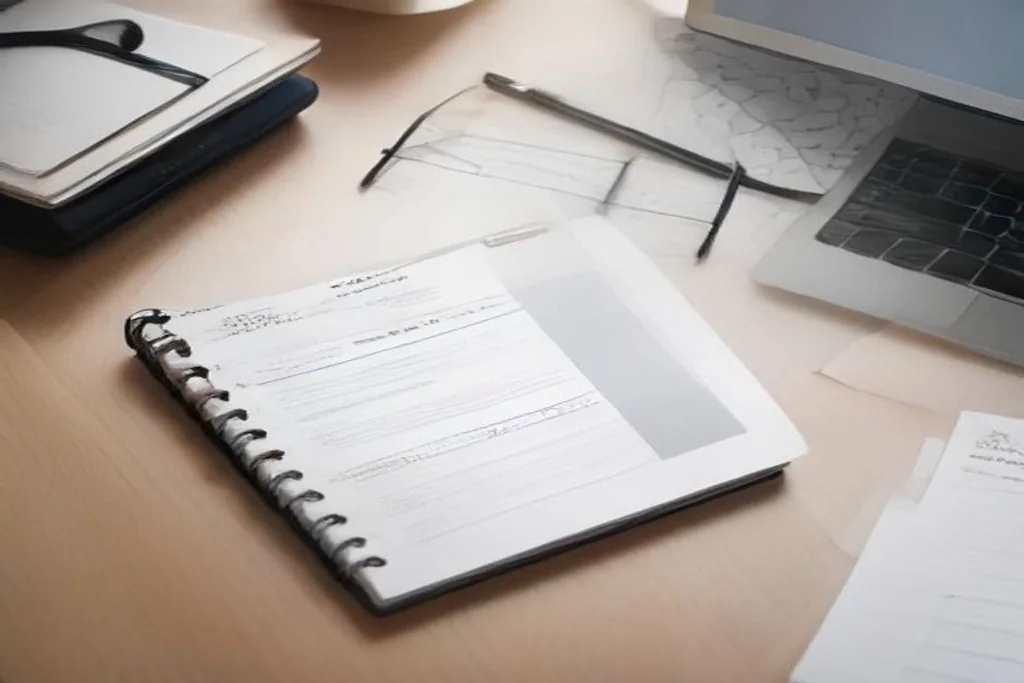 Desk workspace with a planner, calculator and a stack of invoices arranged neatly, overhead view