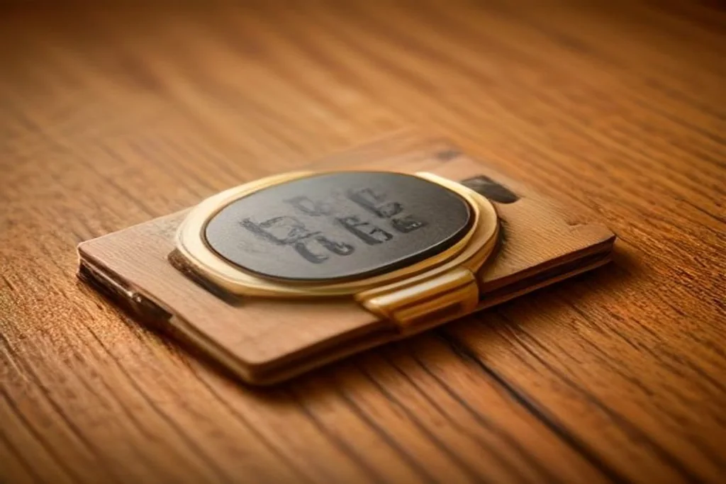 Close-up of a dog collar buckle and tag on a wooden floor, no animal visible
