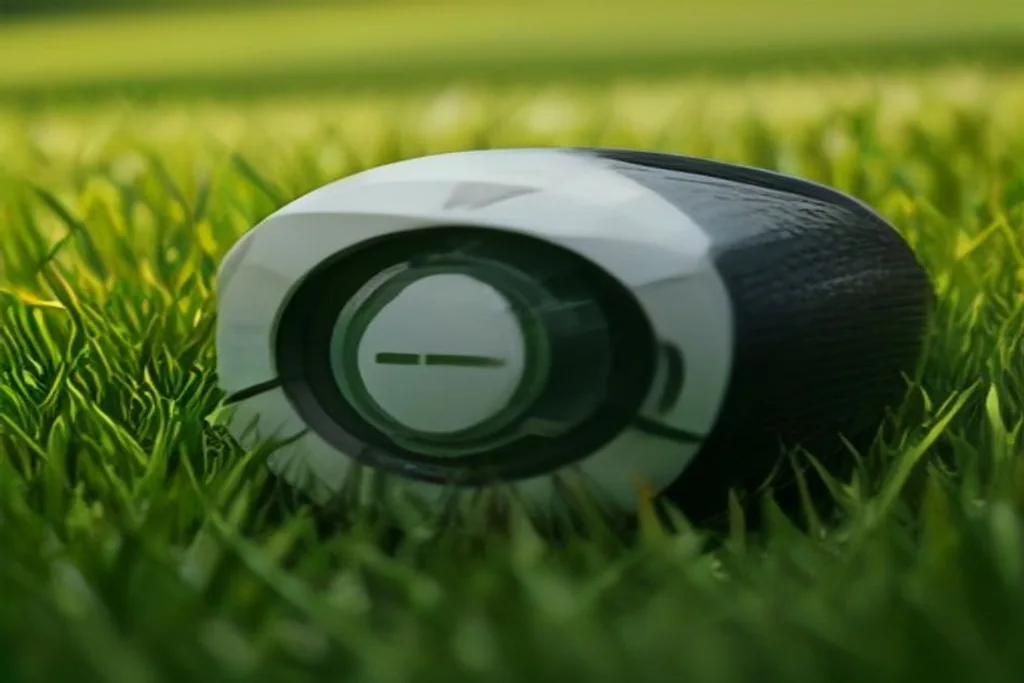 Golf laser rangefinder lying on green grass beside a golf ball, morning light