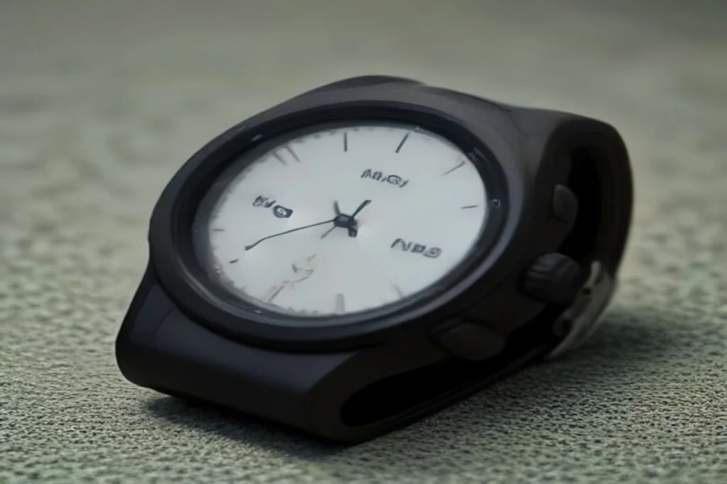 GPS golf watch on a wrist-free stand beside a course yardage marker, no people