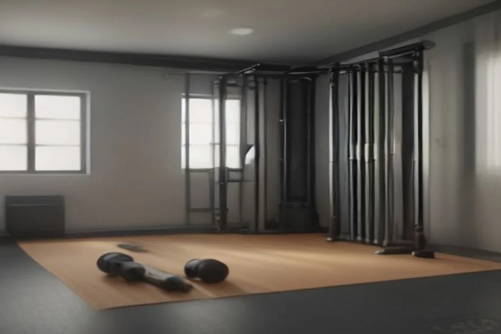 Compact home gym corner with adjustable dumbbells, a folding bench and a resistance band rack on a rubber mat
