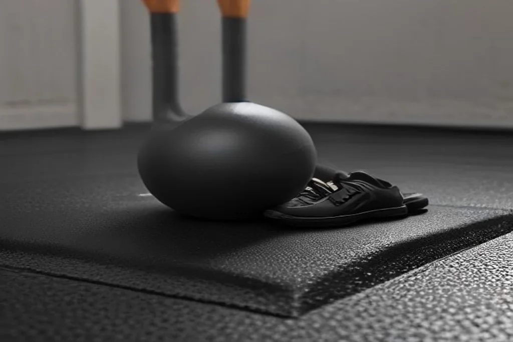 Kettlebell and jump rope on a rubber floor tile beside a folded exercise bench, tidy corner