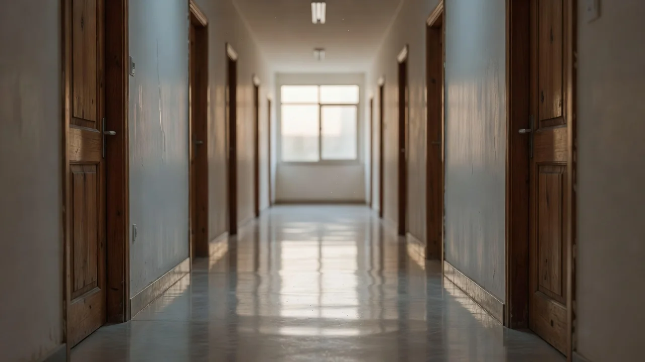 An empty corridor with wooden doors inside a government office building.