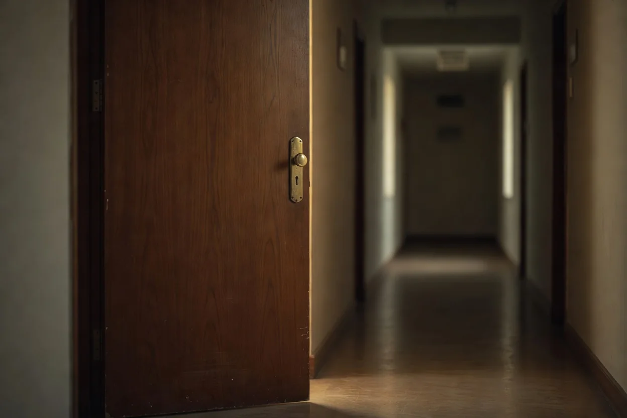 A wooden door with a brass handle slightly ajar in a quiet office hallway.