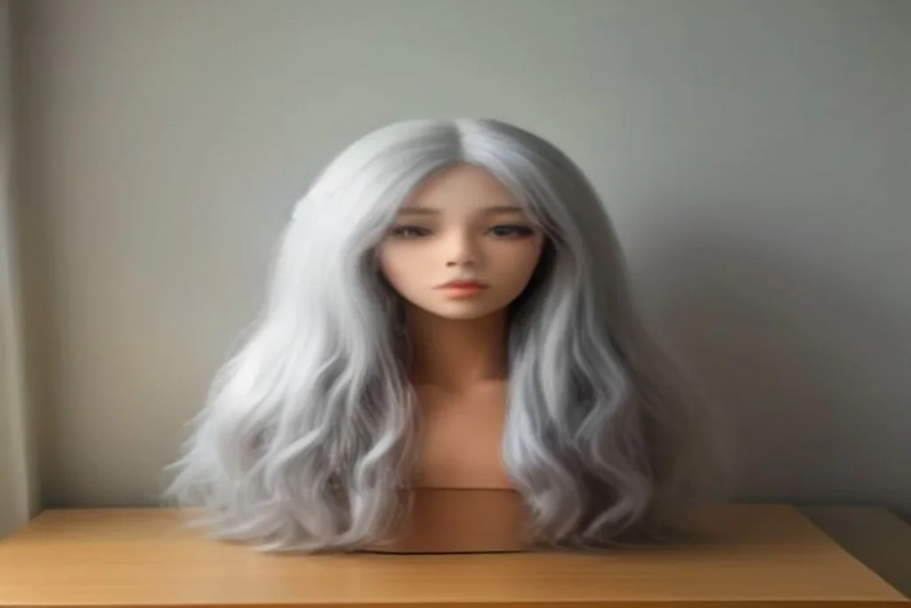 Lace front wig on a canvas wig head stand on a dressing table beside combs and a spray bottle