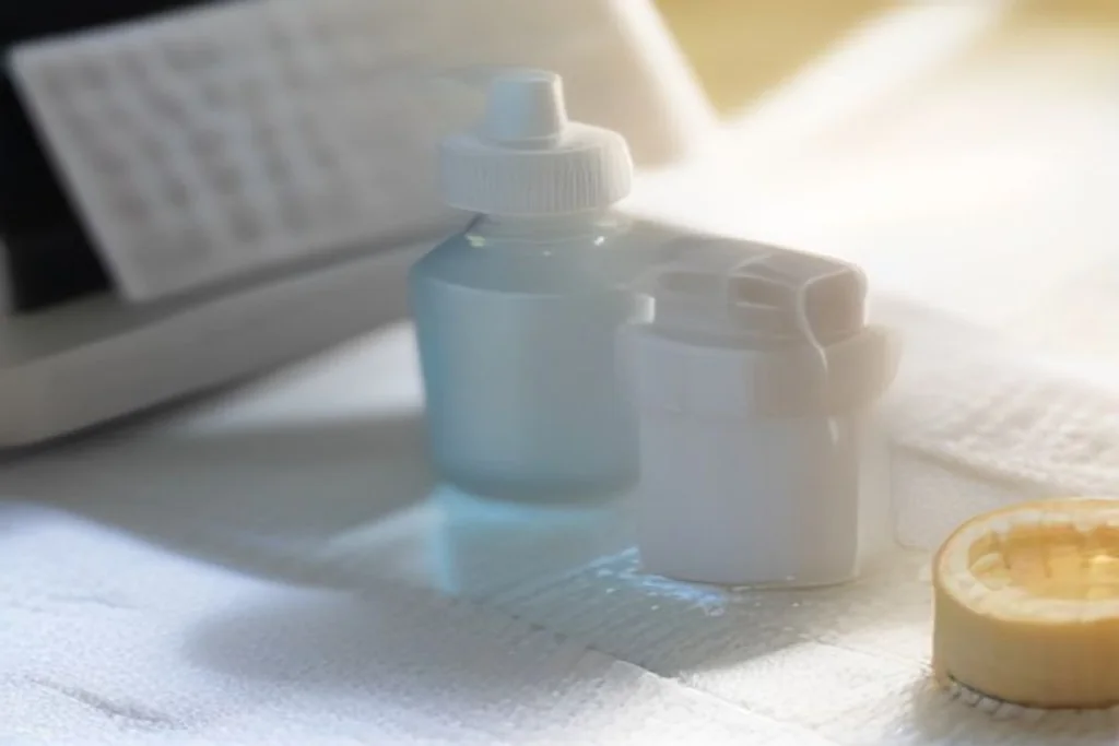 Close-up of wig care supplies: adhesive remover bottle, wide-tooth comb and small brush on a towel