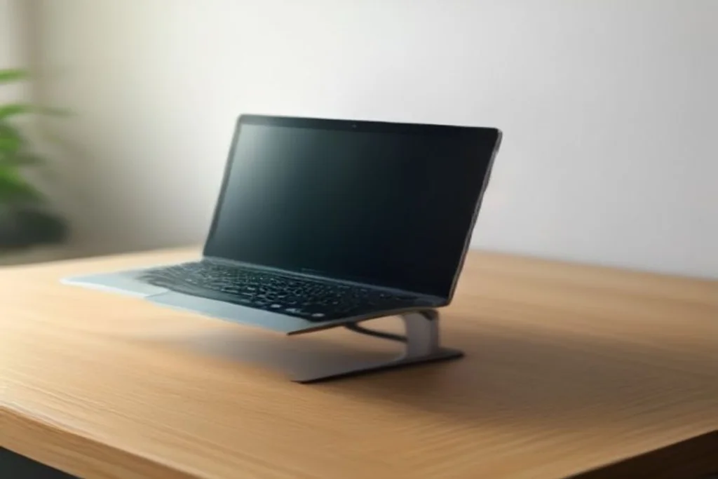 Laptop on a raised stand with visible airflow gap on a clean desk, side view
