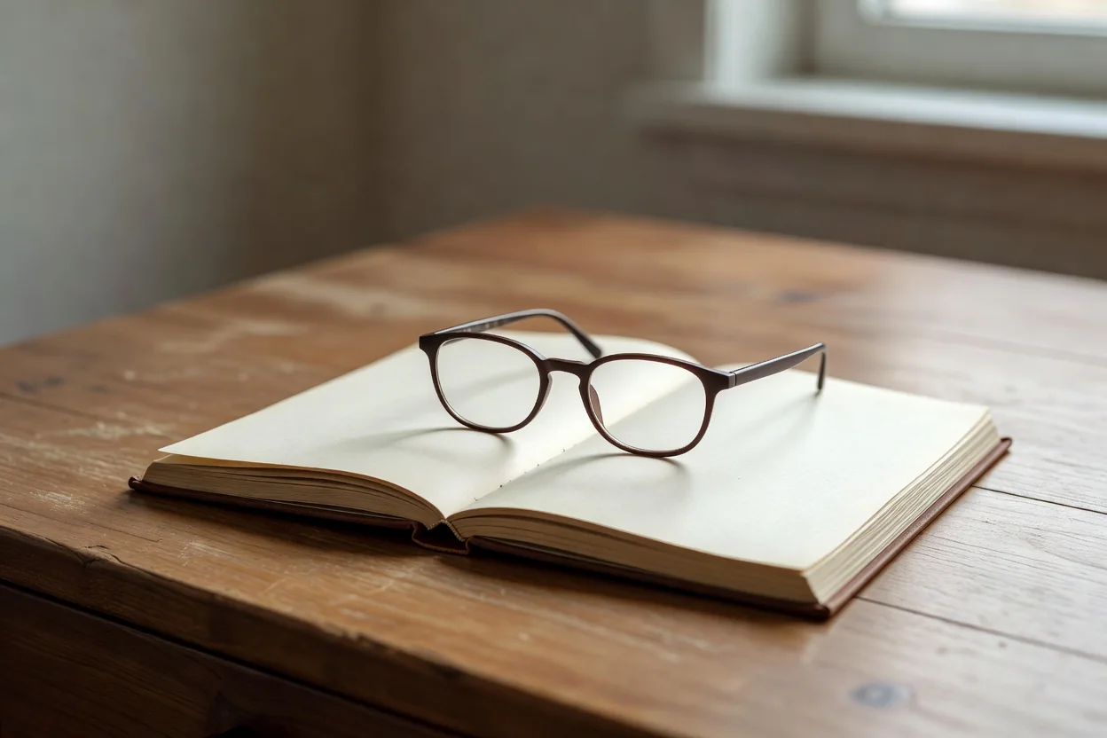 Reading glasses resting on an open blank booklet on a wooden desk.