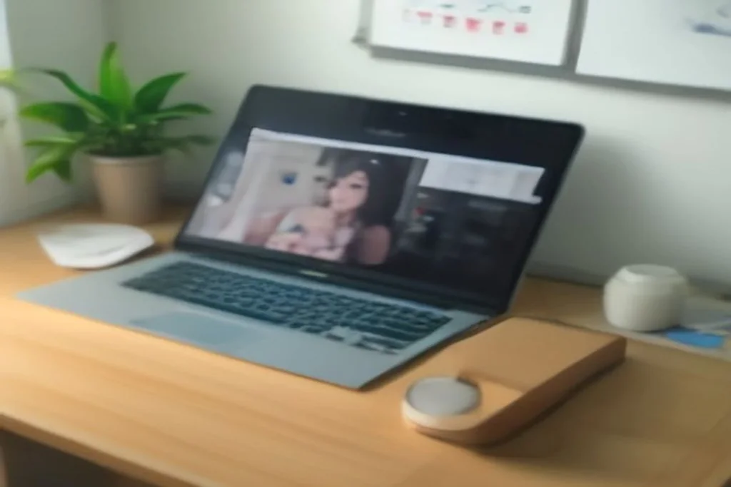Home office desk with a laptop showing a video call grid, microphone and notebook, tidy and bright