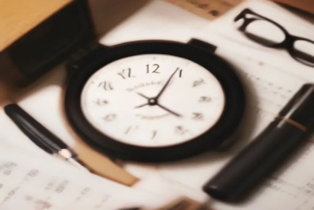 Calendar and clock motifs on a desk planner with time zone column, pen and coffee mug