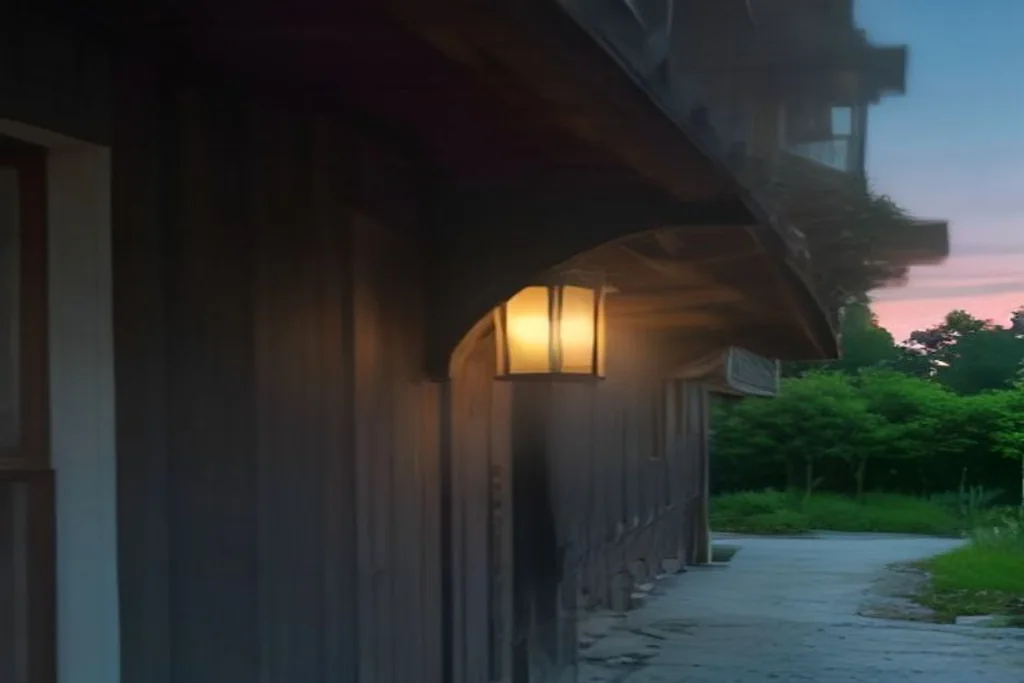 Outdoor security camera mounted under a house eave pointing at a driveway, dusk light