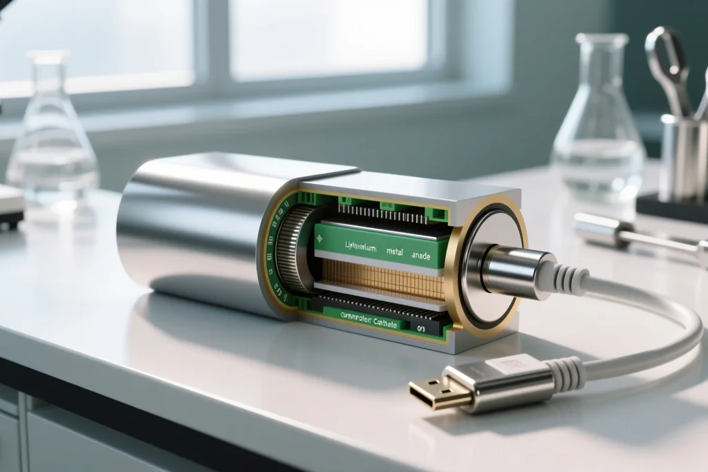 Cutaway model of a battery cell showing stacked electrode layers on a clean laboratory bench