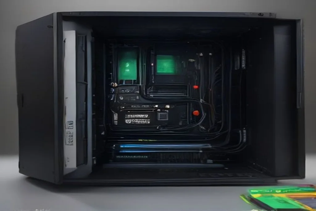 Open desktop PC case showing a motherboard with cables and drive bays, clean interior