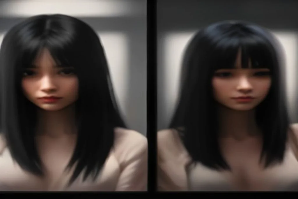 Two wigs side by side on stands, one dark human hair and one lighter synthetic, salon interior