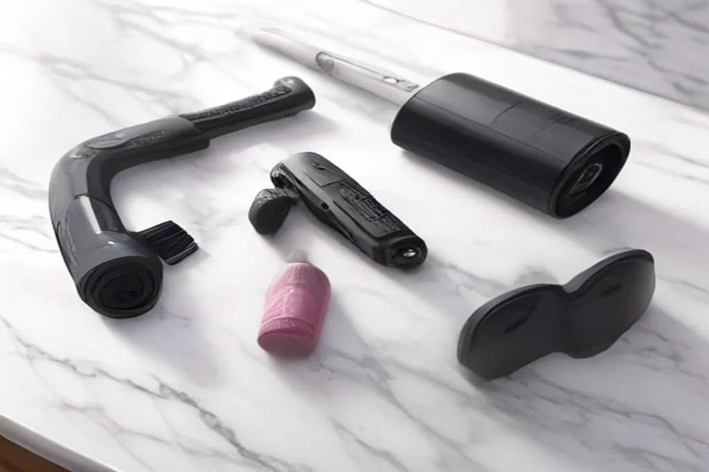 Hair styling tools laid out: flat iron, curling wand and heat protectant spray on a marble counter