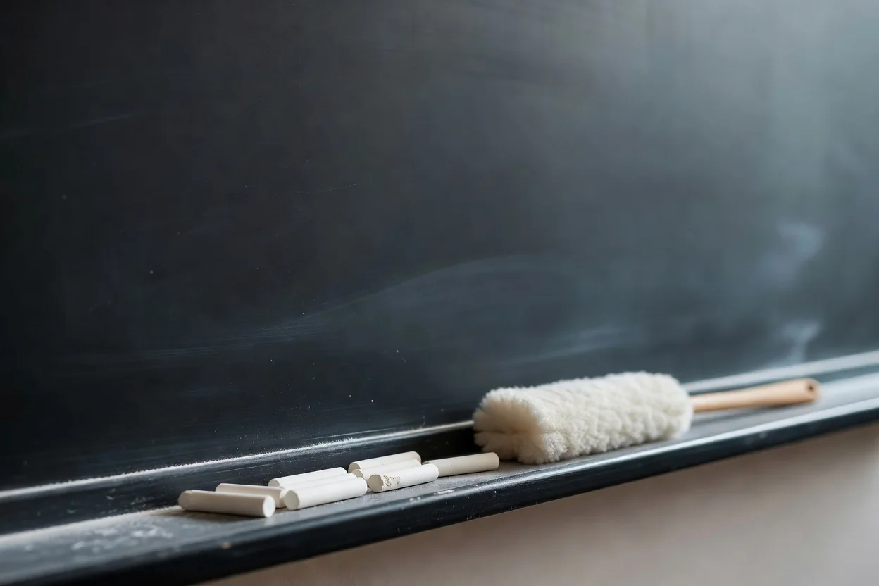 White chalk sticks and a felt duster on the ledge of a blank chalkboard.