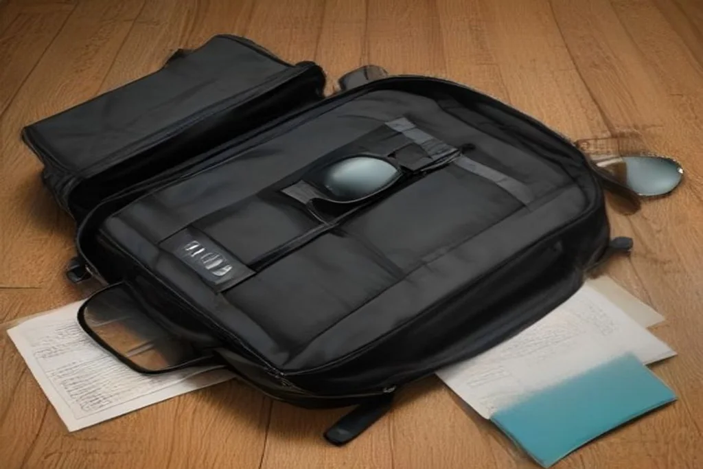 Travel backpack standing upright on a wooden floor beside a passport and sunglasses, packed and closed