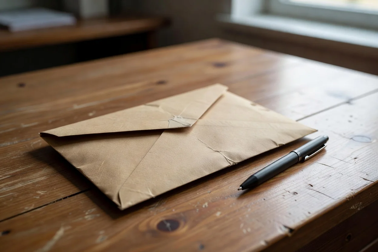 A sealed kraft envelope and a pen on a wooden desk.
