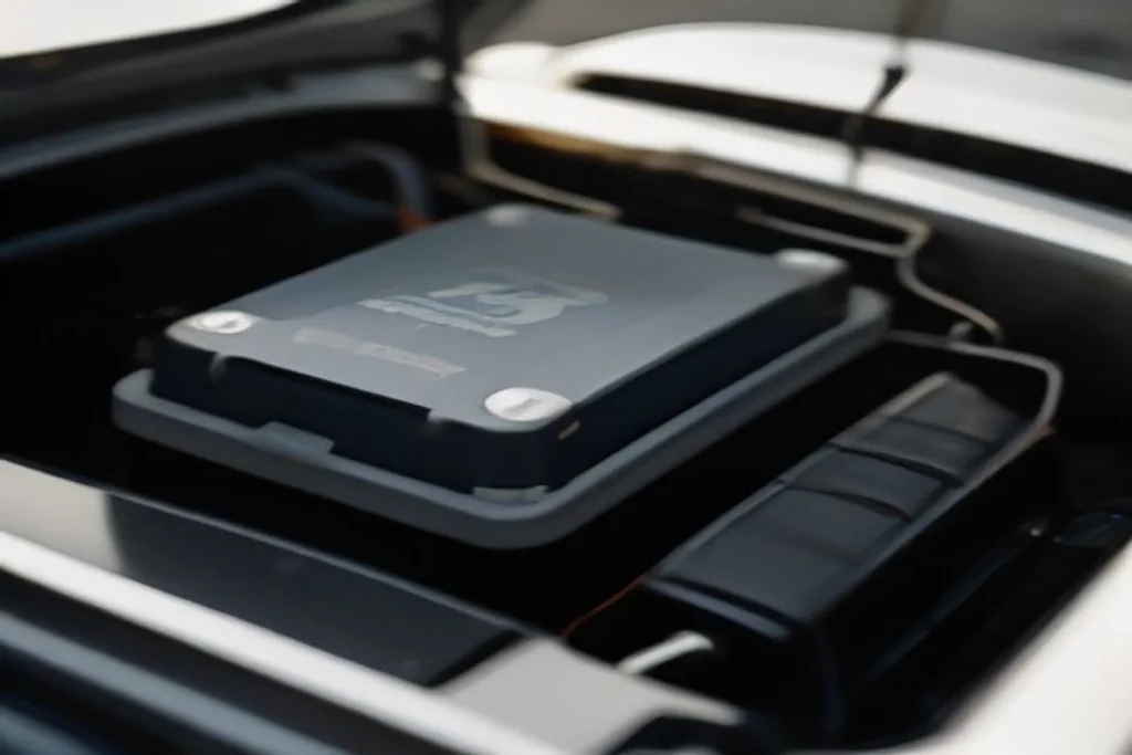 Car battery with clamps connected in an engine bay, close-up, clean daylight
