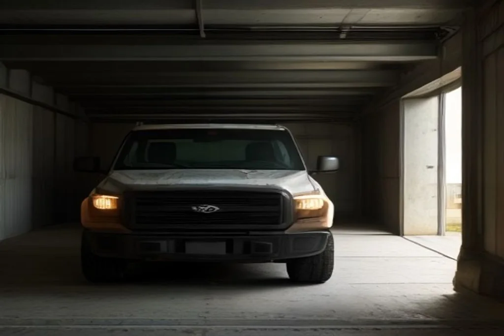 Heavy-duty pickup truck parked in a workshop bay, front grille visible, no people