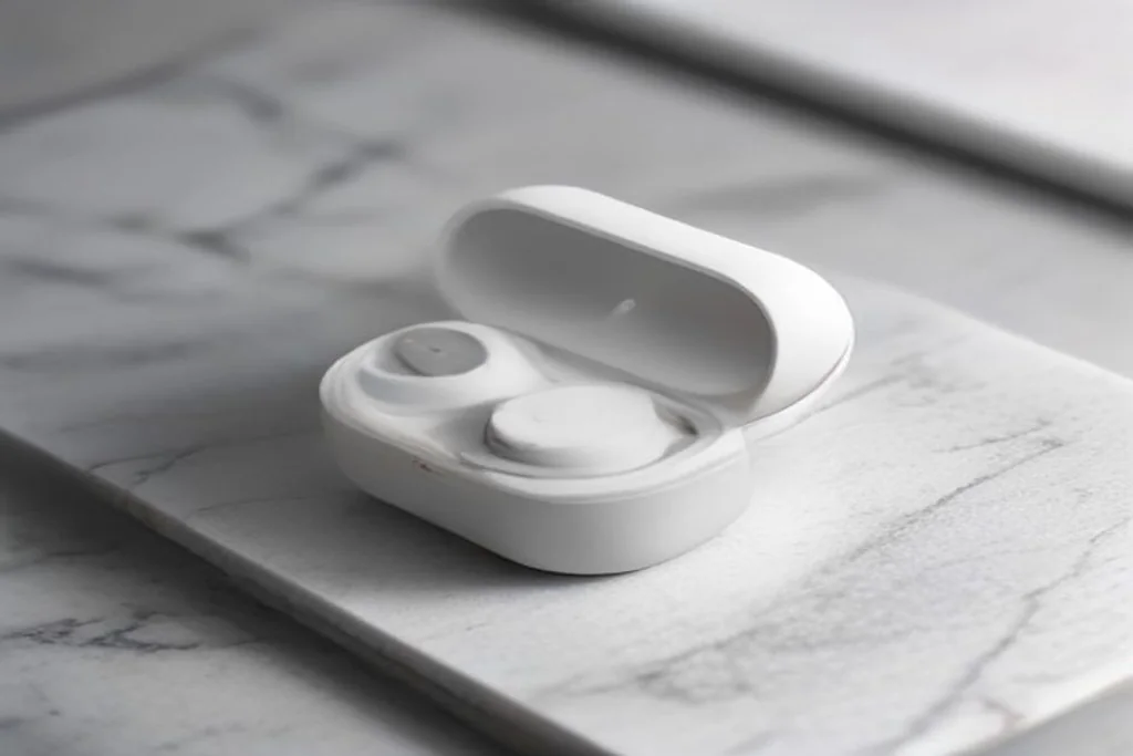 True wireless earbuds in an open charging case on a marble table, minimalist product shot