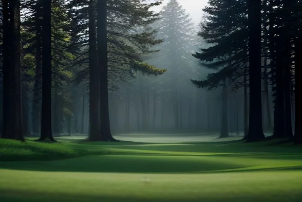 Golf fairway lined with tall pine trees, morning mist, empty green in the distance