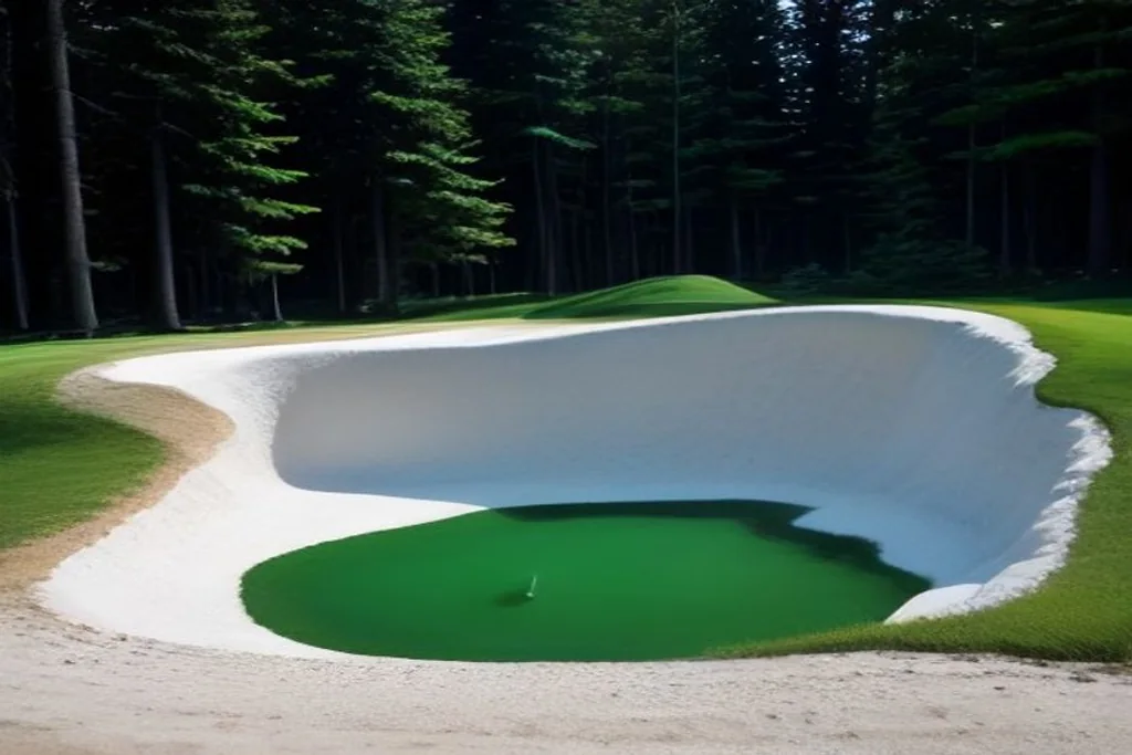 White sand bunker with flashed face beside a manicured putting green, pine background
