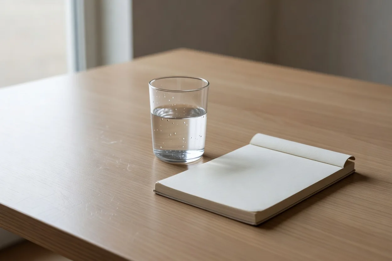 A glass of water and a closed blank notepad on an empty interview table.