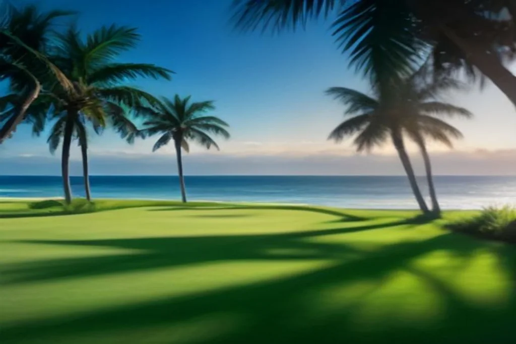 Coastal golf fairway with palm trees and ocean horizon, early morning light, no people