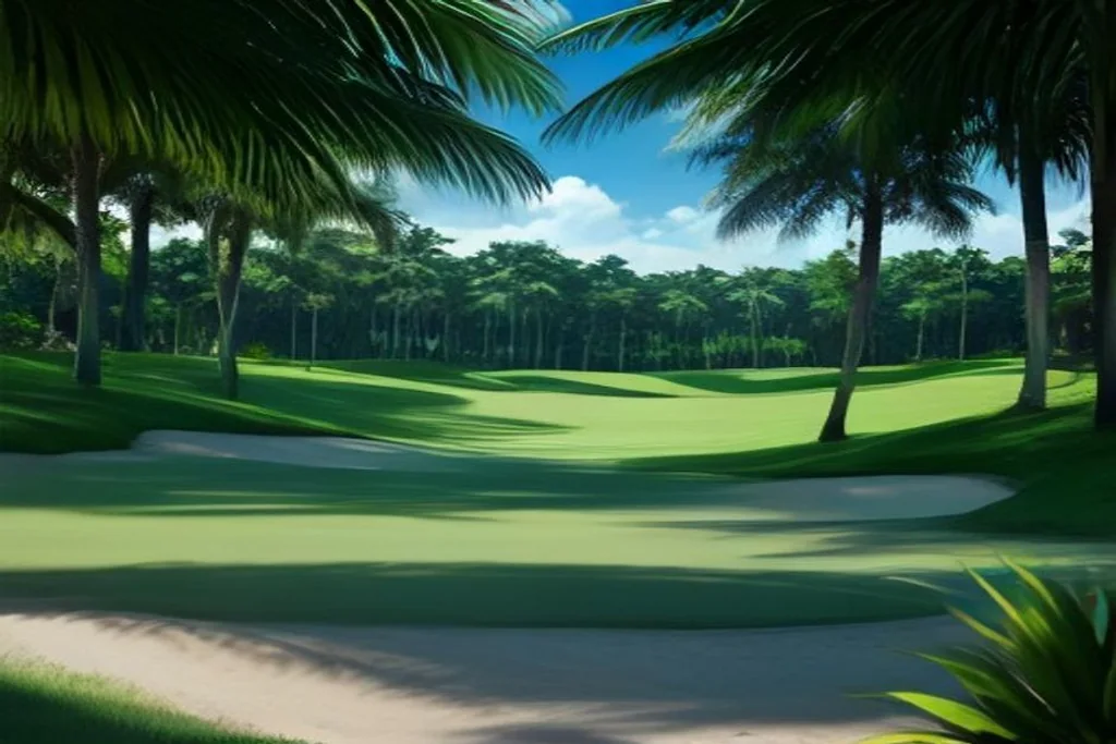 Golf bunker with white sand beside a green fairway and tropical vegetation, midday sun