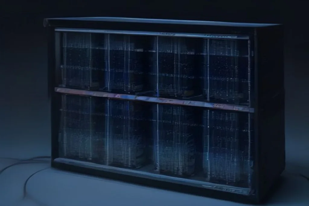 Network rack with a small switch and neatly arranged ethernet cables, blue indicator lights, dark room